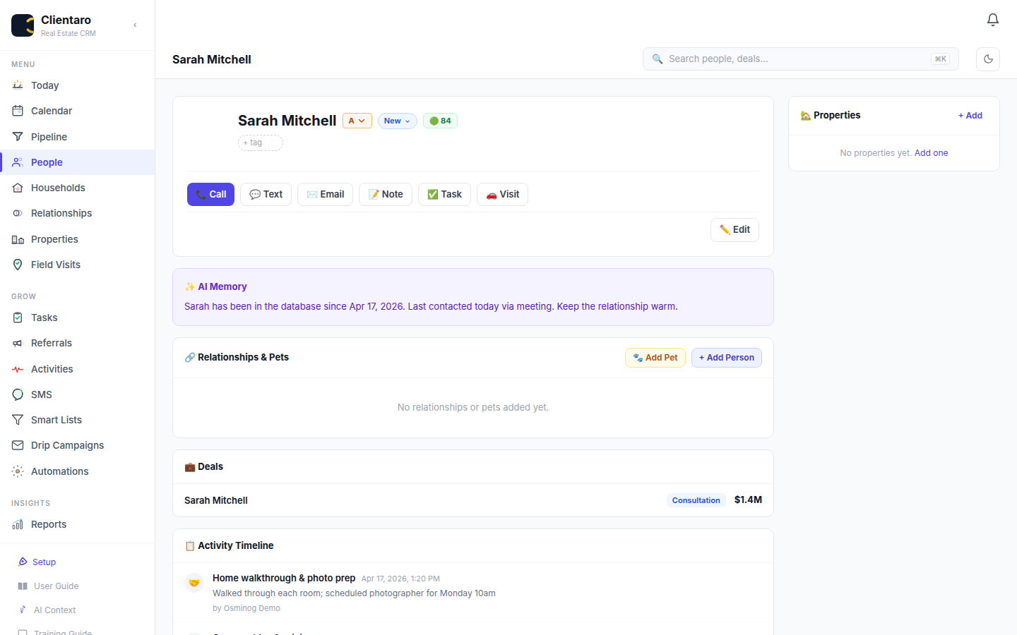 Contact profile with AI Memory, engagement score, deals, and full activity timeline