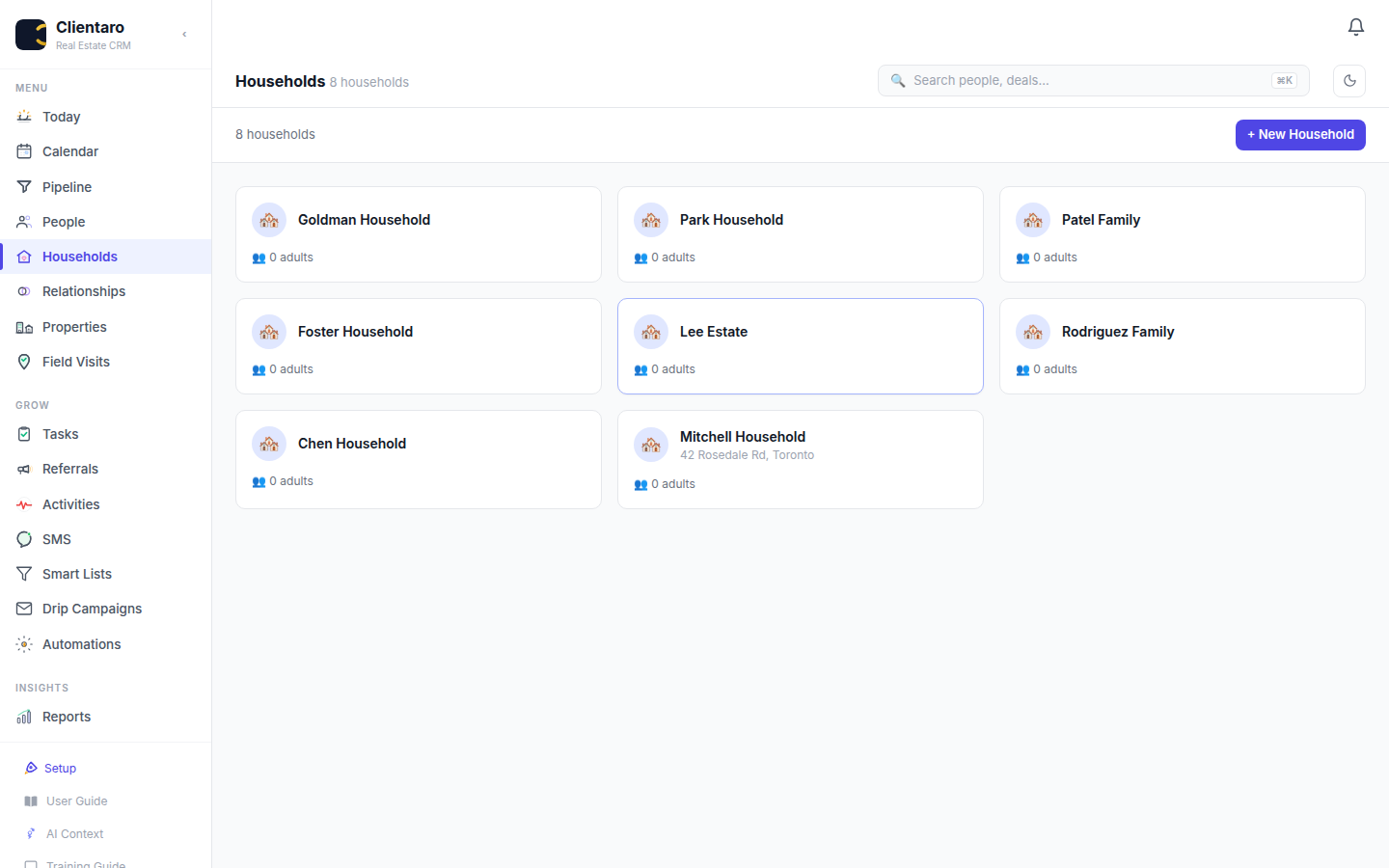 Households view showing family groupings across Toronto addresses