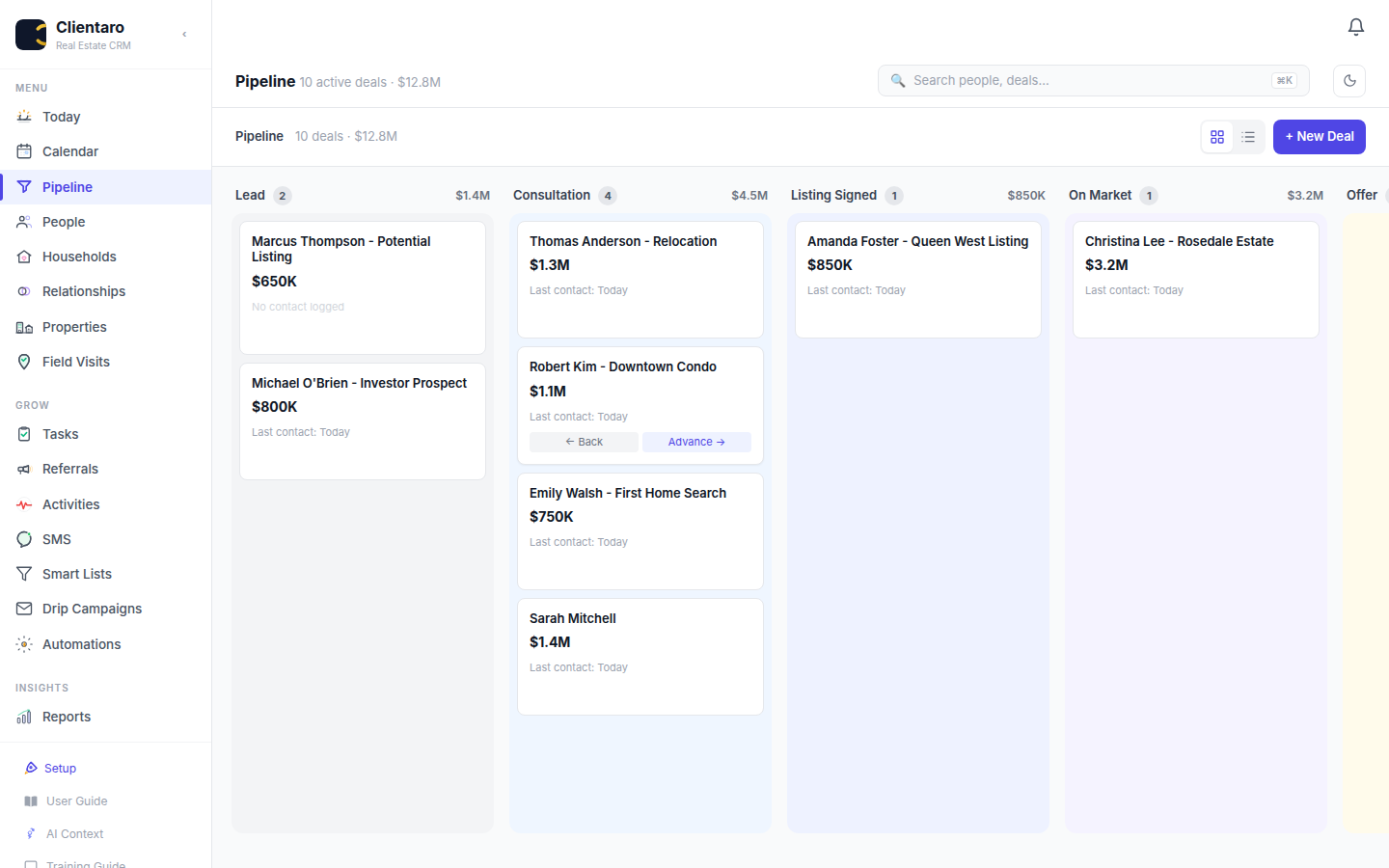 Clientaro pipeline — $12.8M across 10 deals, drag-and-drop kanban by stage
