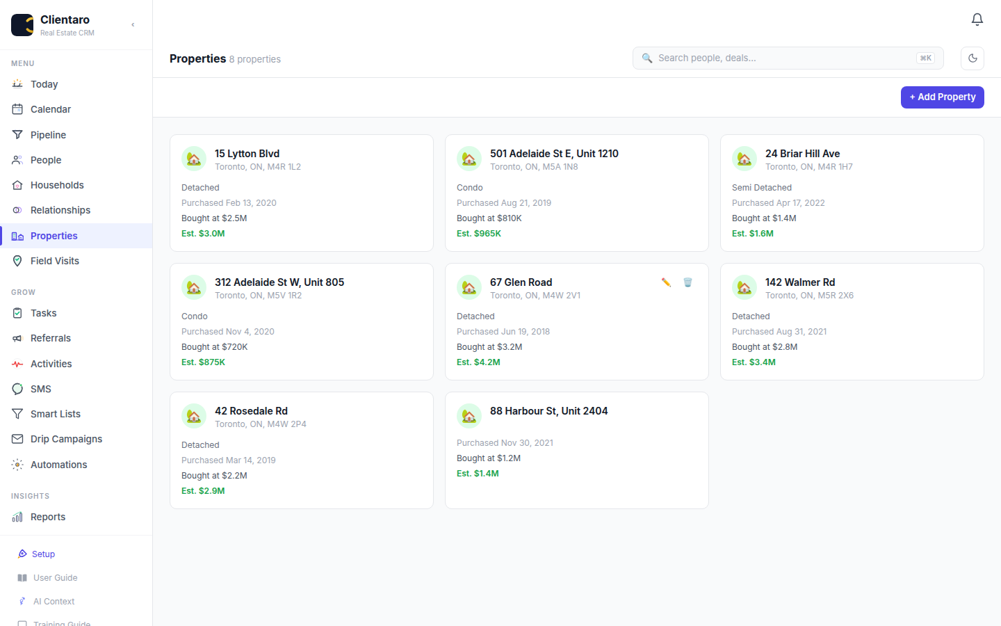 Properties view with purchase price, estimated value, and equity growth per home